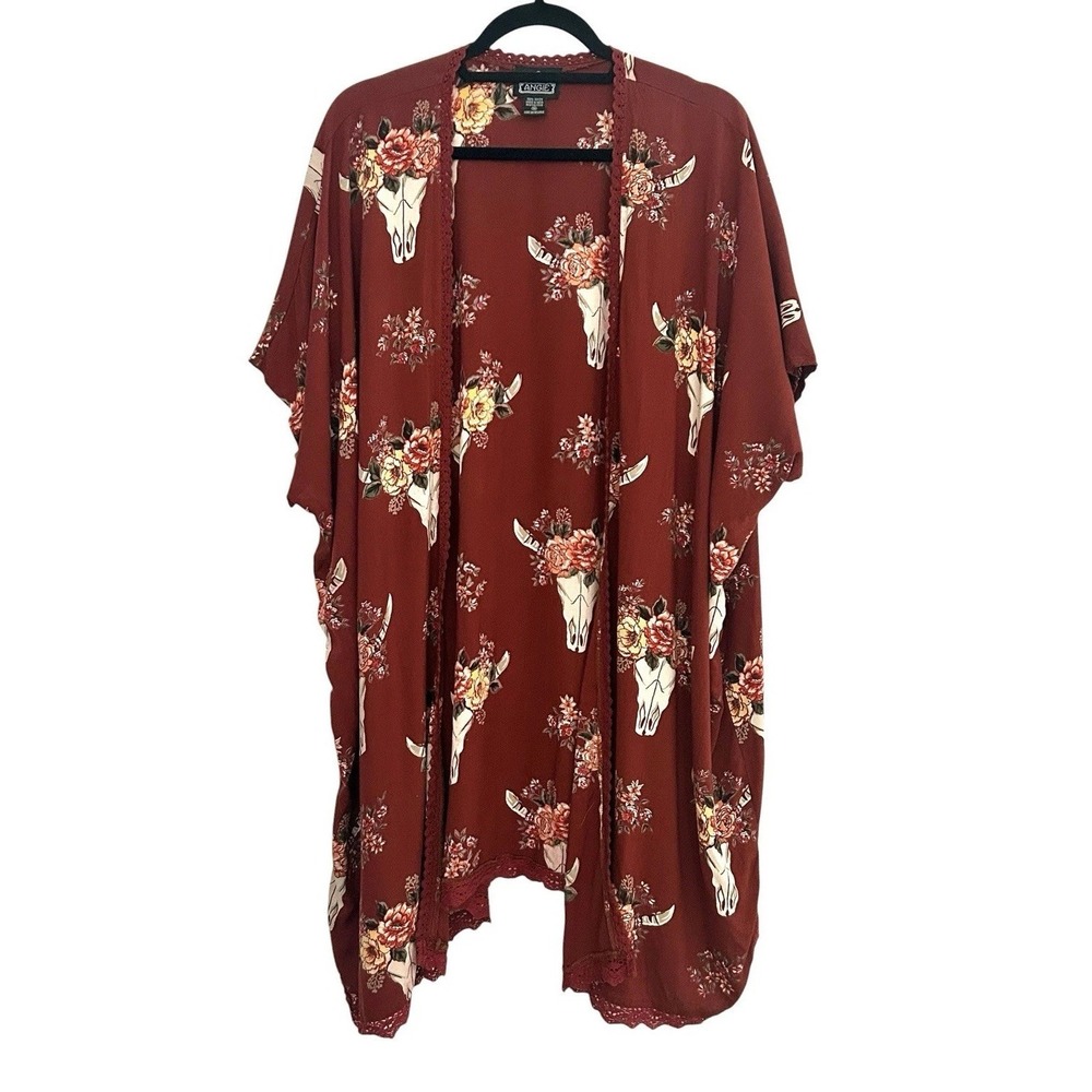 Angie Cardigan Kimono Medium Red Western Steer Skulls Cowgirl Boho Festival